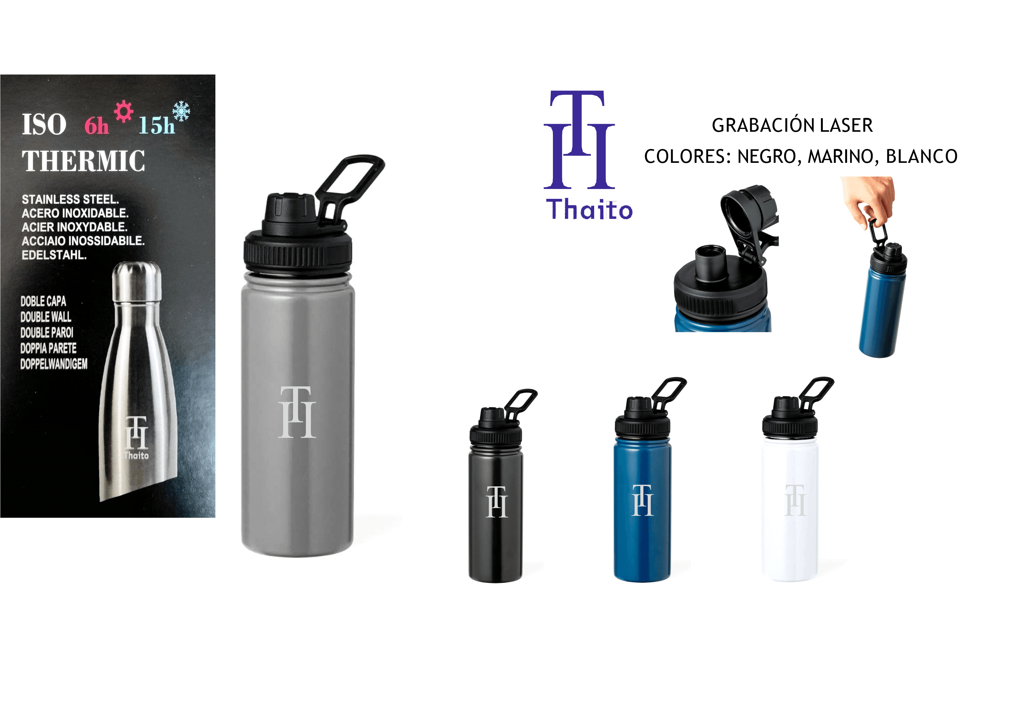 Botella THAITO 550 ml. acero inoxidable doble capa y dosificador
